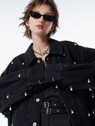 OVER DENIM JACKET with PEARL