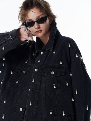 OVER DENIM JACKET with PEARL
