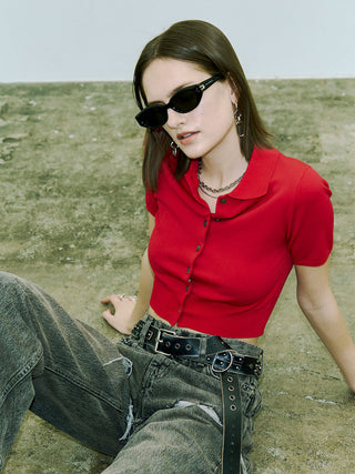 CROP POLO KNIT CARDIGAN