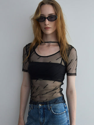 MONOGRAM SHEER 2WAY HALF SLEEVE TOPS