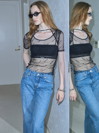 MONOGRAM SHEER 2WAY HALF SLEEVE TOPS
