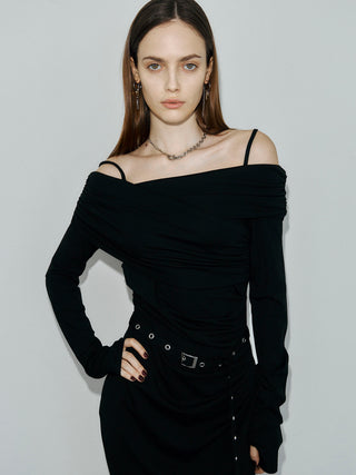 OFF-SHOULDER DRAPE JERSEY DRESS