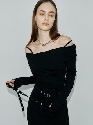OFF-SHOULDER DRAPE JERSEY DRESS