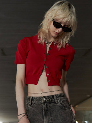 CROP POLO KNIT CARDIGAN