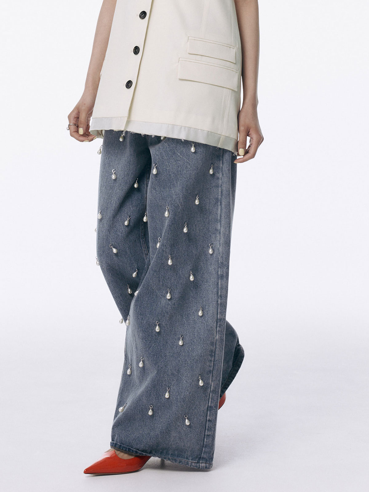 WIDE DENIM PANTS with PEARL(34 BLACK): BOTTOMSjosemoon