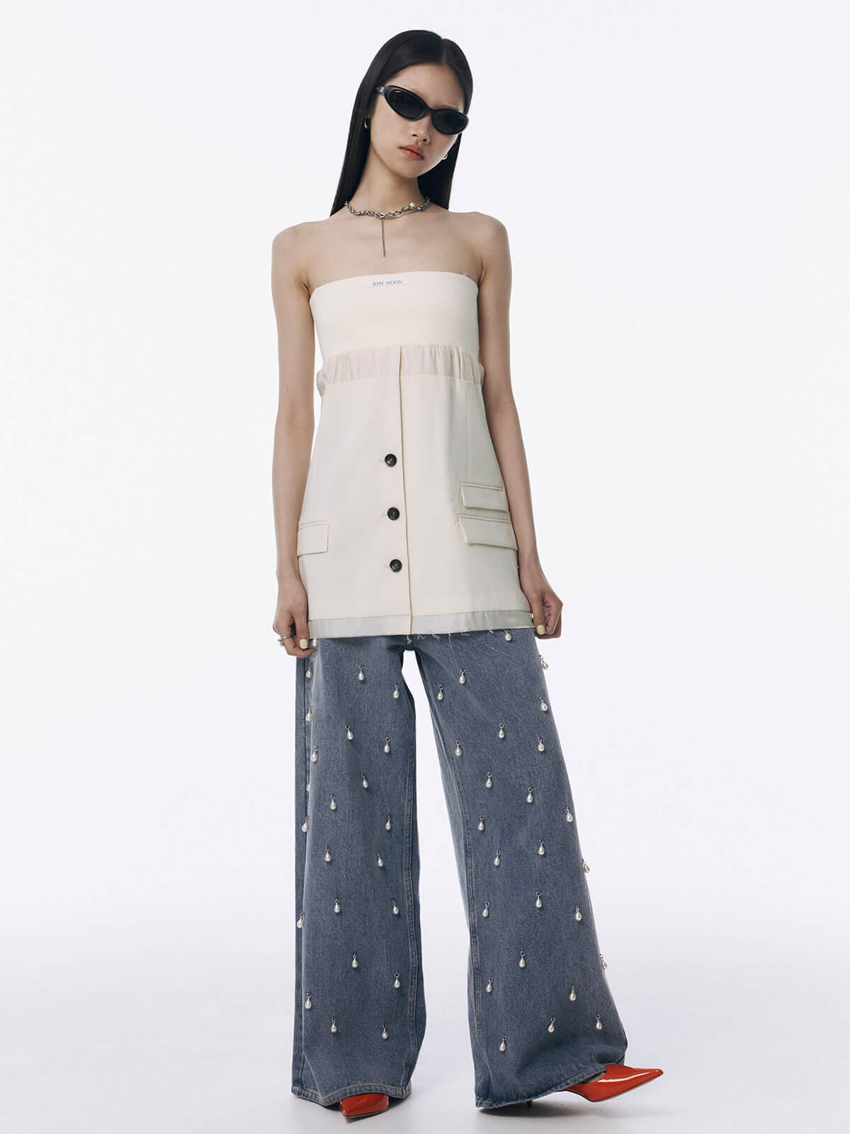 WIDE DENIM PANTS with PEARL(34 BLACK): BOTTOMSjosemoon