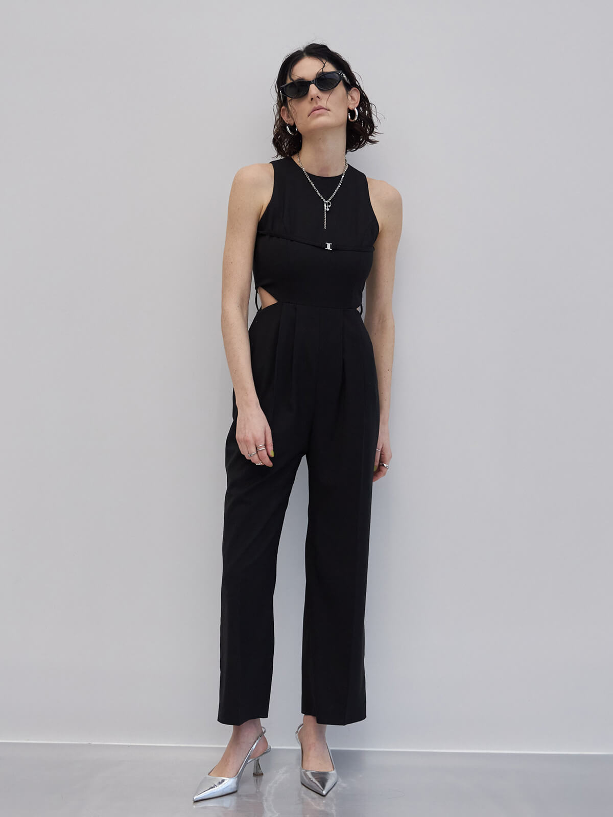 SIDE CUTTING JUMP SUITS(36 CHARCOALGREY): DRESSjosemoon