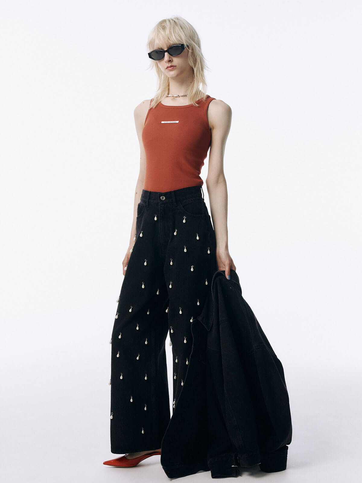 WIDE DENIM PANTS with PEARL(34 BLACK): BOTTOMSjosemoon