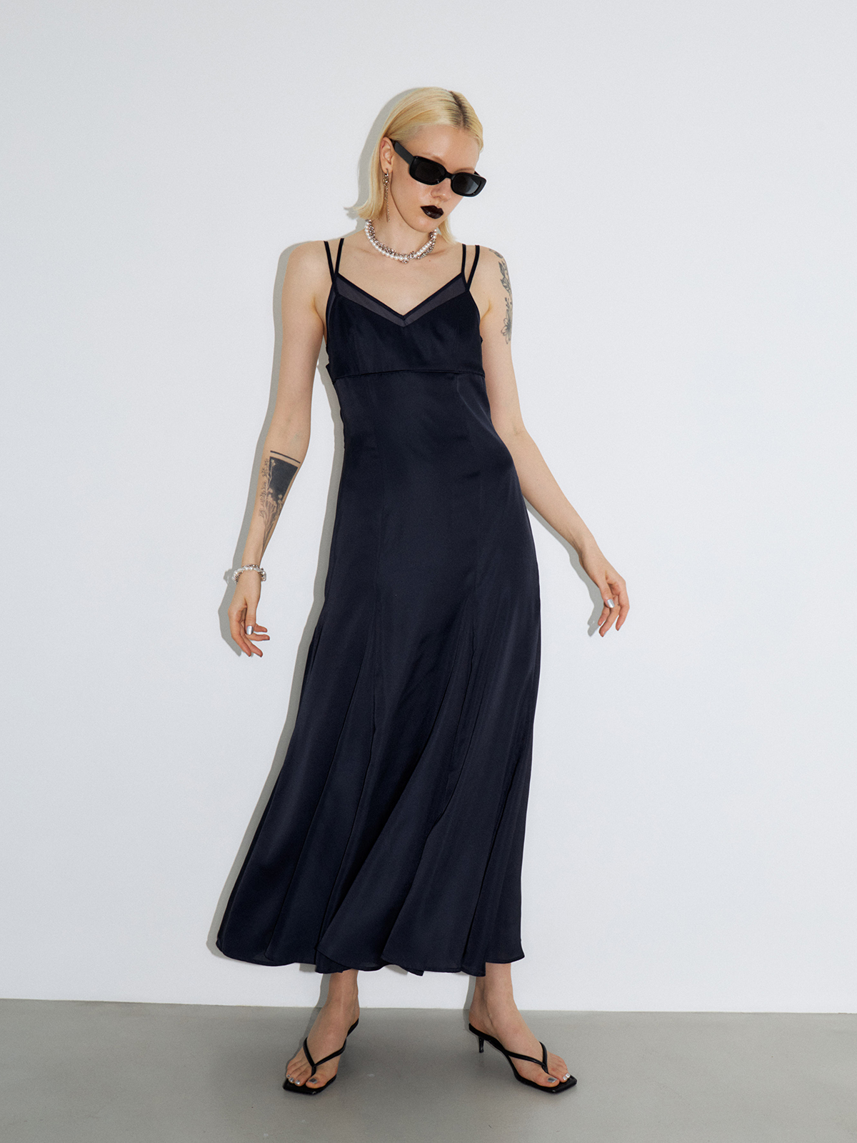 JOSE MOON SHEER COMBI SATIN DRESS - ロングワンピース