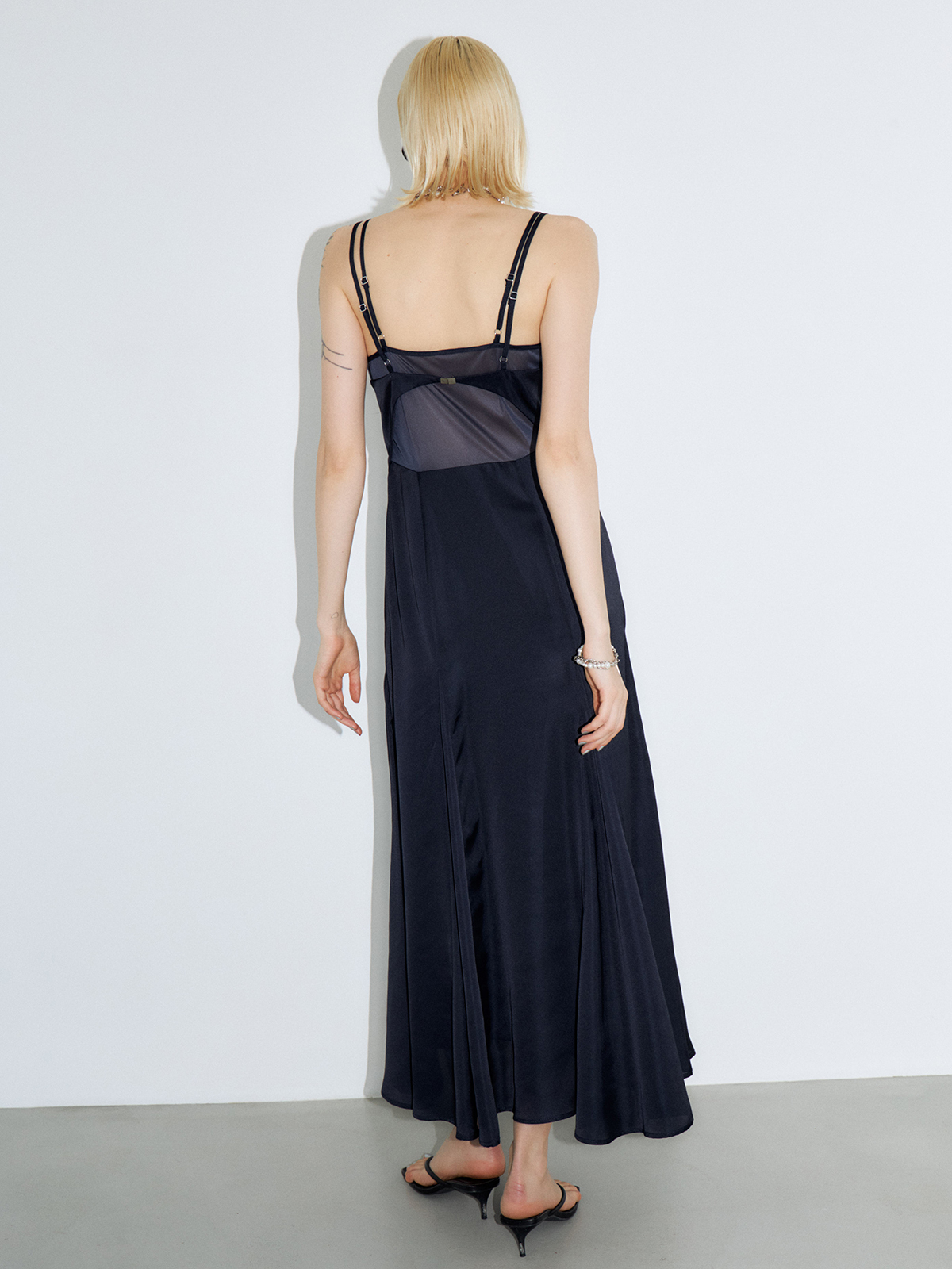 Draped Collar Wrap Ruched Satin Cami Dress - Black / S