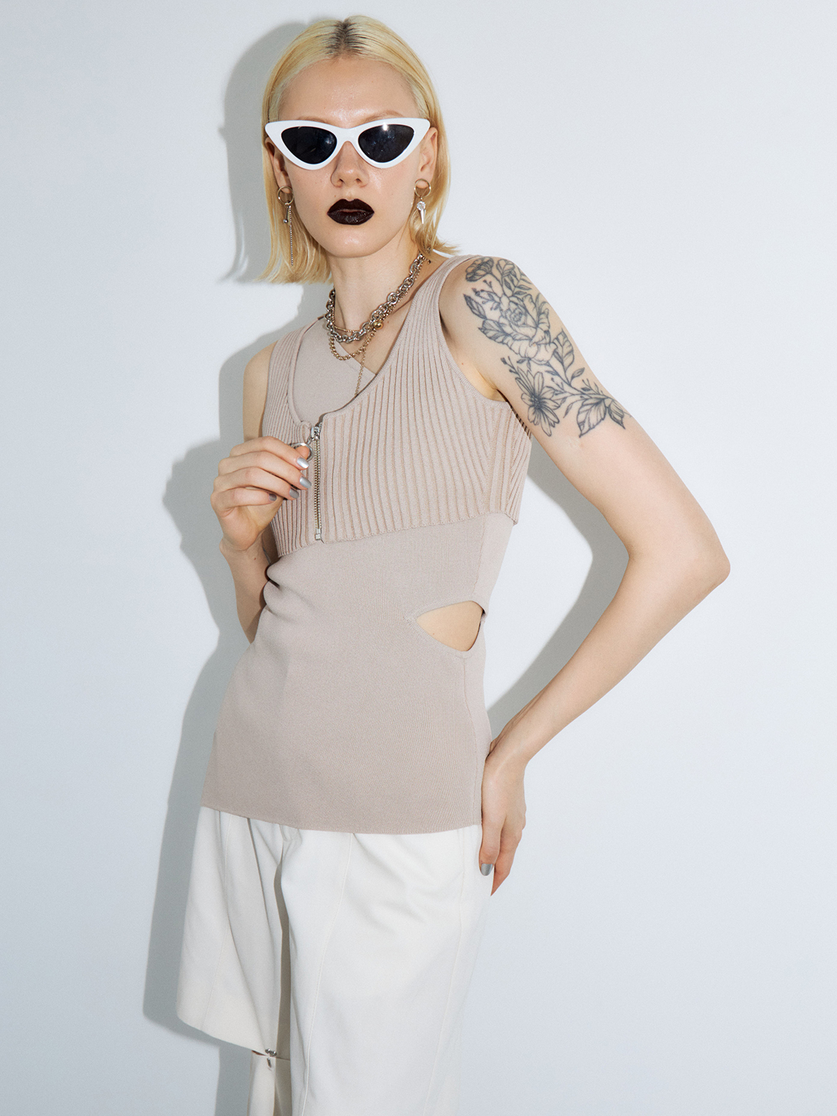 LAYERED ONE SHOULDER KNIT(F BEIGE): TOPSjosemoon