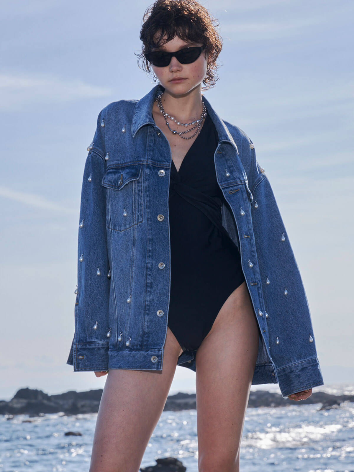 OVER DENIM JACKET with PEARL