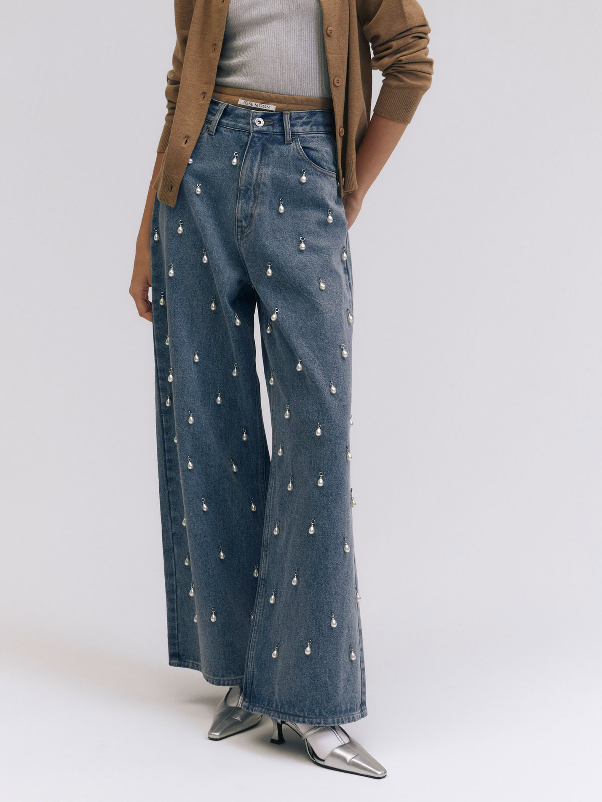 WIDE DENIM PANTS with PEARL